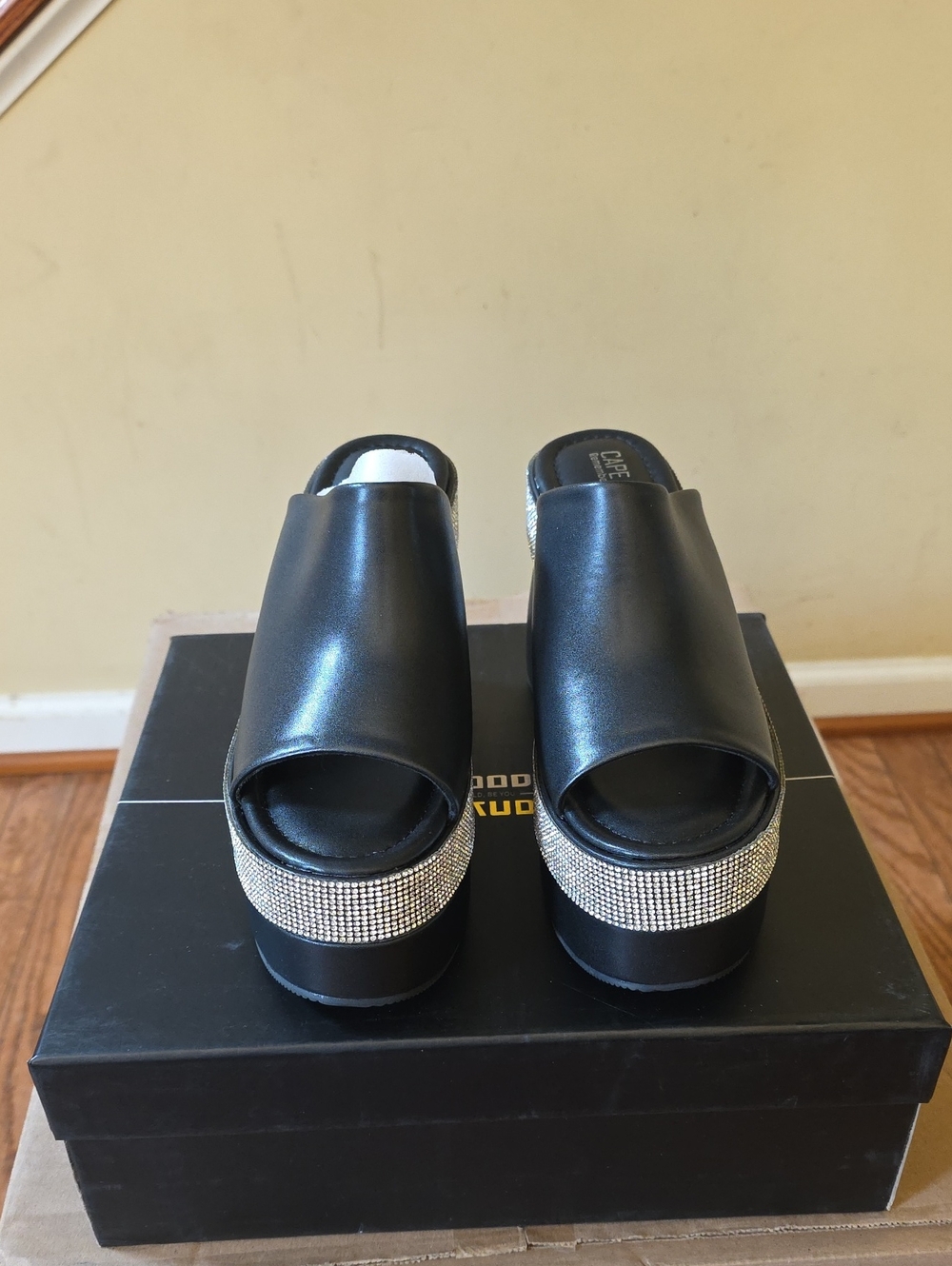 Cape Robbin Black Open-Toe Slide Mules with Rhinestone Platform Trim